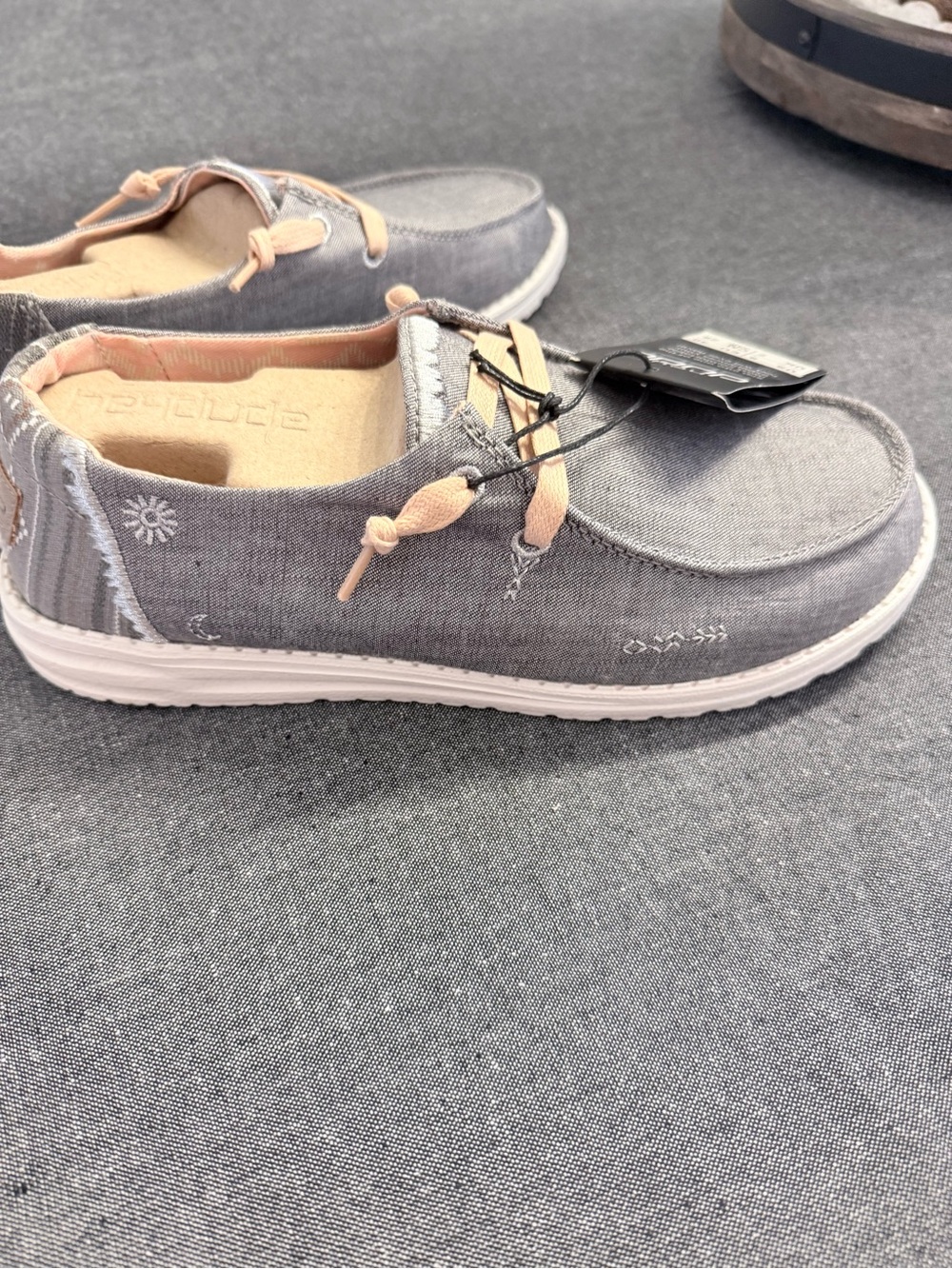 Hey Dude Gray Canvas Slip-Ons with Pale Pink Laces